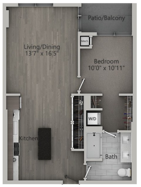 Floor plan for 1 bed, 1 bath, 770 sqft